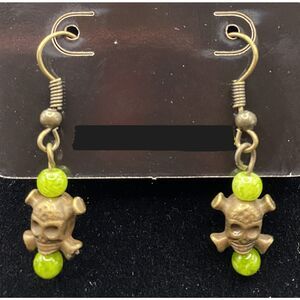 Handmade Bronze Tone Skull Earrings & Green Glass Bead by Neanie-Bot